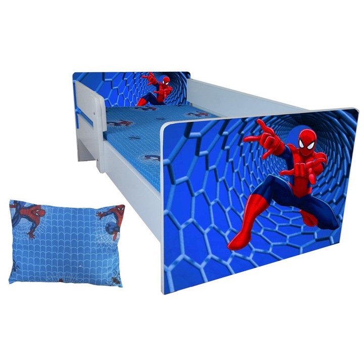 Pat copii Spider, 144x76 cm, saltea inclusa, pernuta cadou