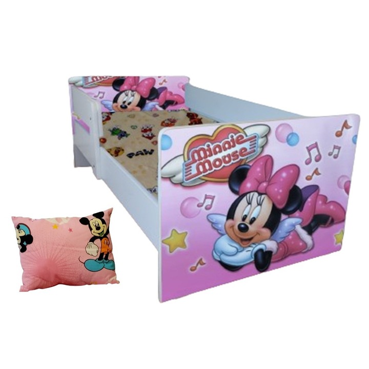 Pat copii Minnie, 144x76 cm, saltea inclusa, pernuta cadou