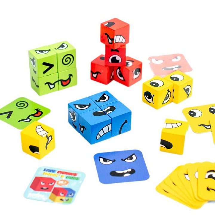 RQQM oktató fajáték, kifejezéskocka készlet, 16 emotikon kocka, 80 kihíváskártya, többszínű, 13x9.5x4cm