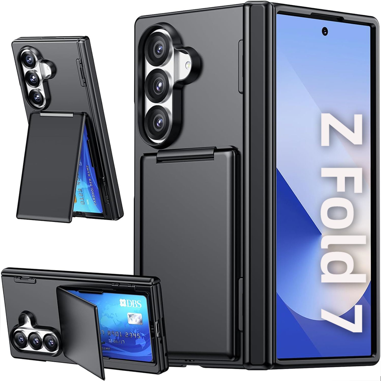 Husa telefon Compatibila Samsung Galaxy Z Fold7, Tip Suport Carduri Pliabil, cu Suport, Antisoc, Negru Mat