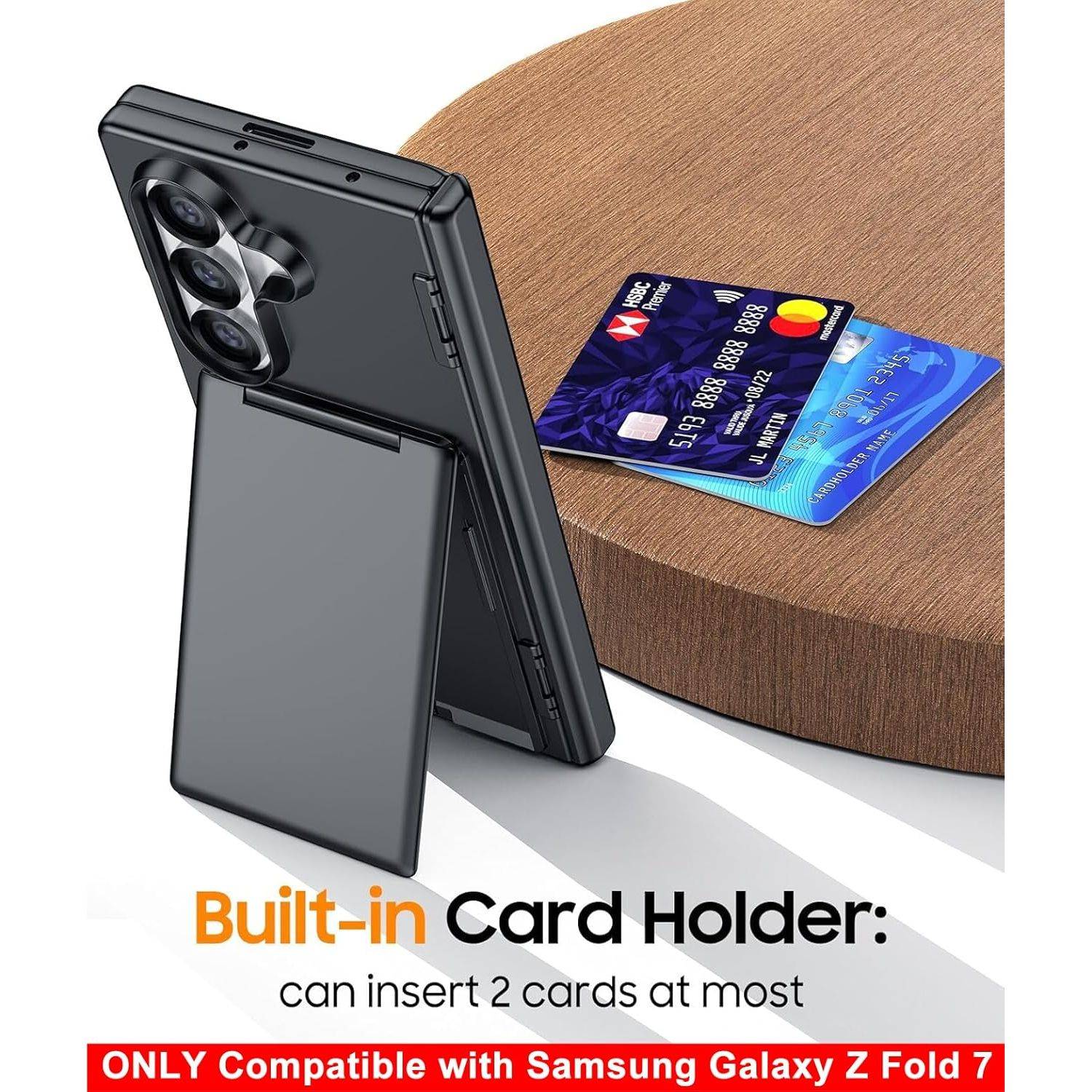 Husa telefon Compatibila Samsung Galaxy Z Fold7, Tip Suport Carduri Pliabil, cu Suport, Antisoc, Negru Mat