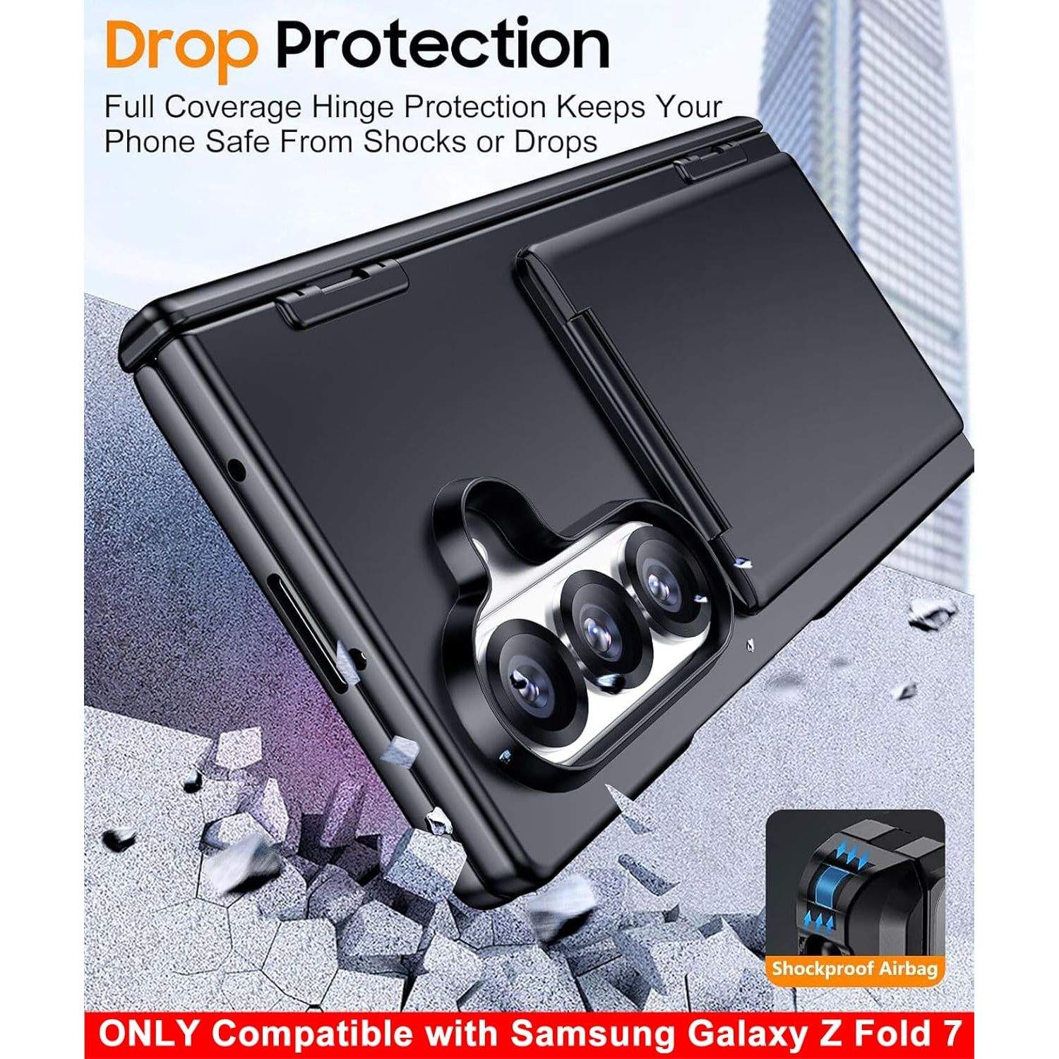 Husa telefon Compatibila Samsung Galaxy Z Fold7, Tip Suport Carduri Pliabil, cu Suport, Antisoc, Negru Mat