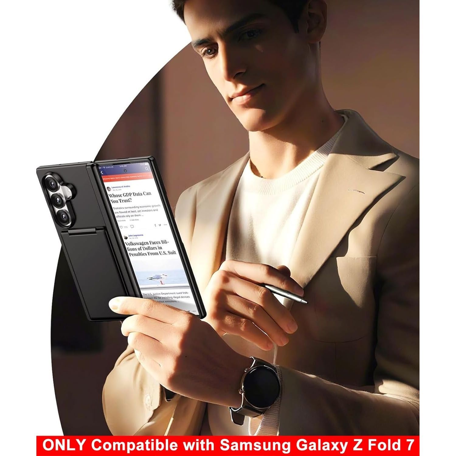 Husa telefon Compatibila Samsung Galaxy Z Fold7, Tip Suport Carduri Pliabil, cu Suport, Antisoc, Negru Mat
