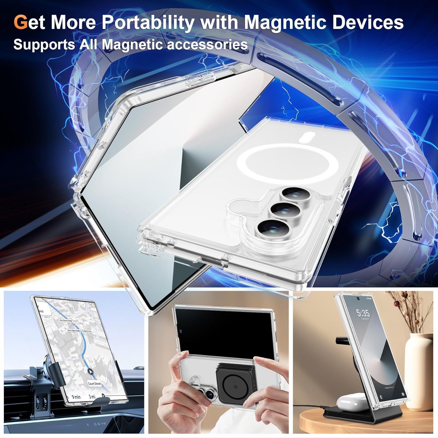 Husa telefon pentru Samsung Galaxy Z Fold7, Protectie Colturi, MagSafe, Alb Transparent
