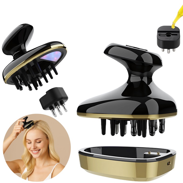 INOMEVIX® Fejbőrmasszírozó LED-del, EMS-szel és RF-fel, Fejbőrmasszírozó készülék LED-terápiával, piros és kék fénnyel, vibrációs masszázzsal, serkenti a hajnövekedést, aktiválja a tüszőket, folyékony kezeléseket adagol, 10 ml-es tartály, mágneses töltés