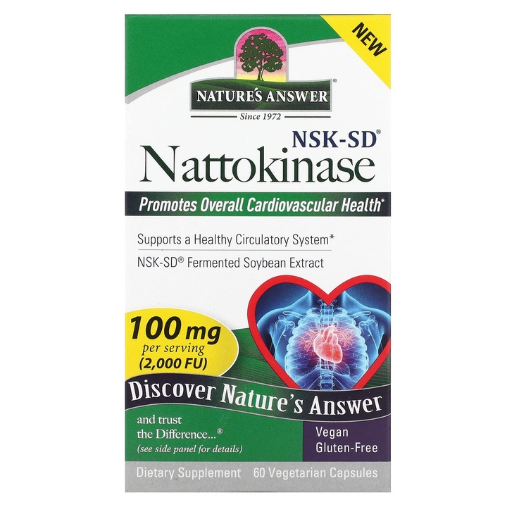 Nattokinaza, 100 mg, 60 capsule vegetale, Nature's Answer, 2000 FU, sanatate cardiovasculara