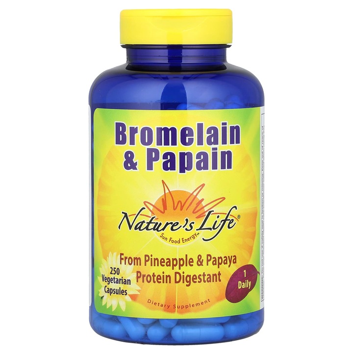 Bromelaina si papaina, Nature's Life, 250 capsule vegetale, din ananas si papaya