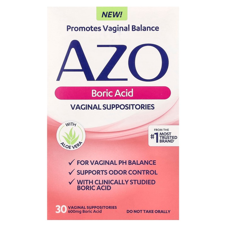 Supliment alimentar, AZO, supozitoare cu acid boric, 600 mg, 30 supozitoare, cu aloe vera, pentru echilibrarea pH-ului vaginal
