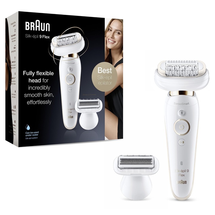 Епилатор Braun Silk-Epil 9 Flex, 5 аксесоара, бял/златен