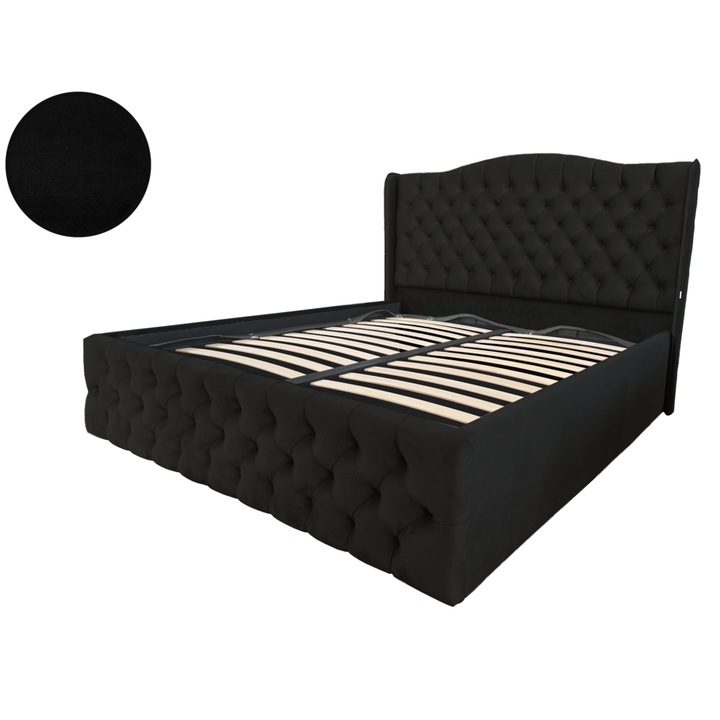 Pat dublu tapitat Doha cu spatiu de depozitare si somiera rabatabila, negru, 160x200 cm