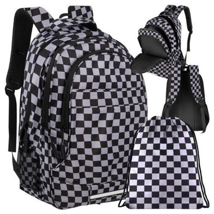 Set ghiozdan și rucsac sport Zola, 3 compartimente, negru/gri, 45x28x17cm / 42x34cm, 22L
