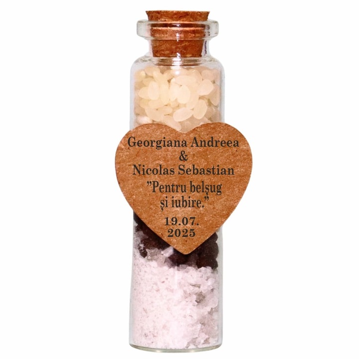 Marturie de nunta, Sticluta cu sare, piper si orez, design rustic, 10x15cm