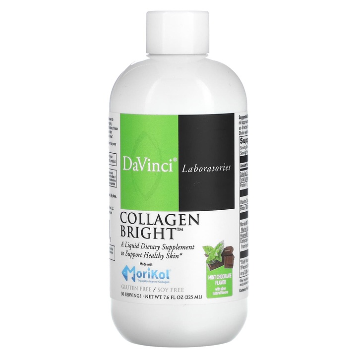 Supliment alimentar, DaVinci Laboratories Collagen Bright, mint chocolate, 225 ml, cu colagen marin, fara gluten, fara soia