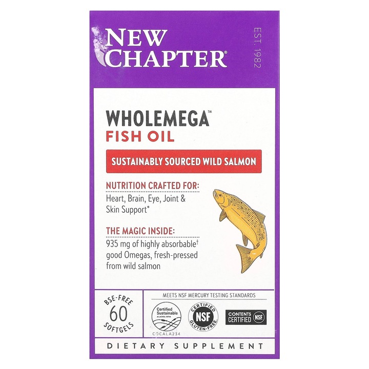 Supliment alimentar ulei de peste New Chapter, 60 capsule moi, Omega-3, fara gluten, 935 mg