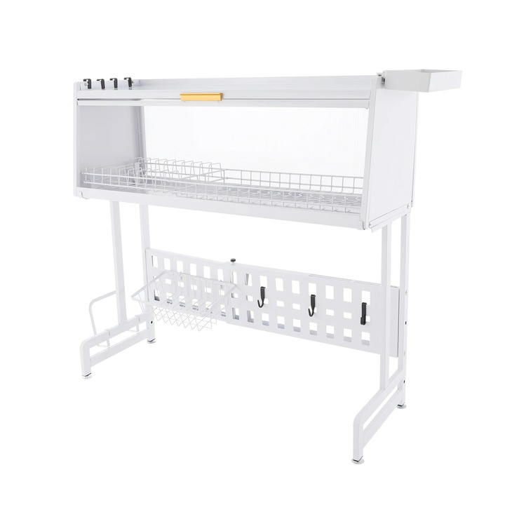 Suport de vase, Etajera de uscare culisanta, Rezistent la rugina, Otel carbon & PP, Sarcina max 100 kg, Dimensiune dulap 84, 5×28×31 cm, Cu maner, Alb