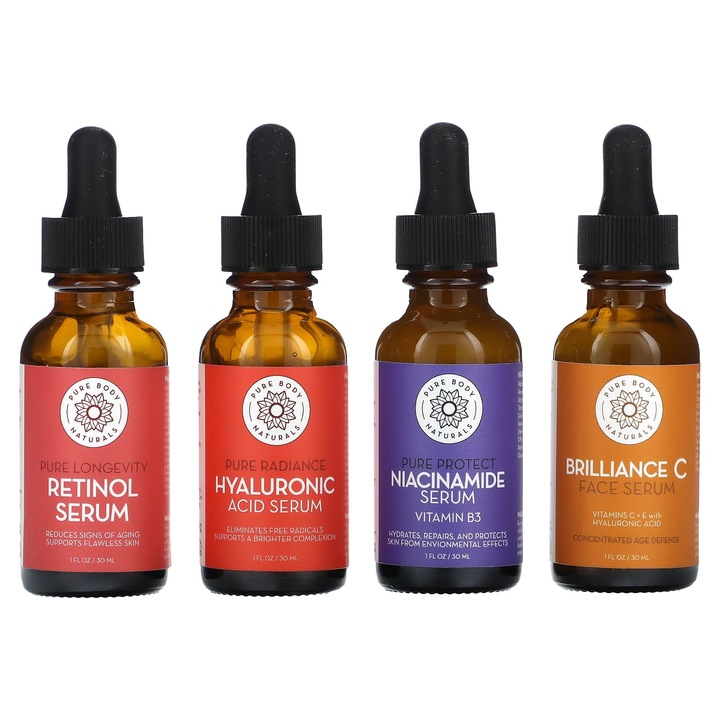 Комплект серуми за лице Pure Body Naturals, 4 броя, 30 мл, с ретинол, хиалуронова киселина, ниацинамид, витамин C