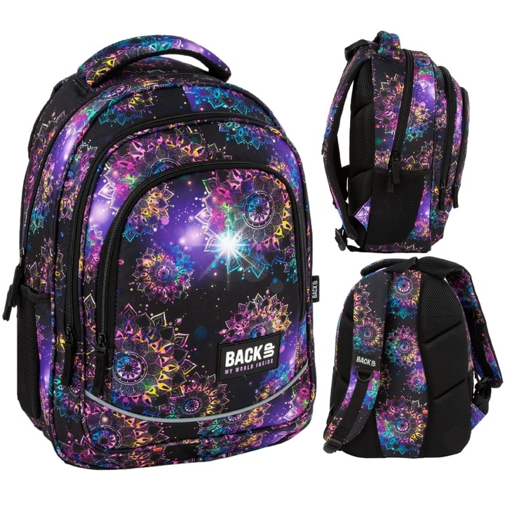 BackUP iskolai hátizsák lányoknak, Mandala Galaxy, 26L, fekete, 42x30x20cm