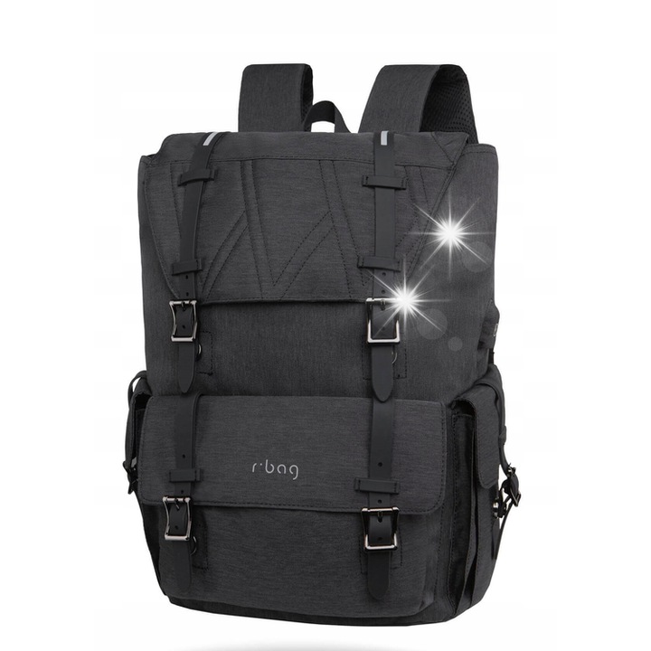 MIEJSKI R-BAG PACKER hátizsák, 1 rekeszes, 13-15,6"-os laptophoz, USB, fekete, 40x30x16cm