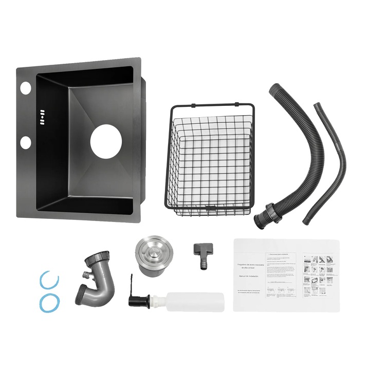 Chiuveta bucatarie inox 201, set complet cu accesorii, neagra, instalare superioara/incastrata, dimensiuni 60x40cm