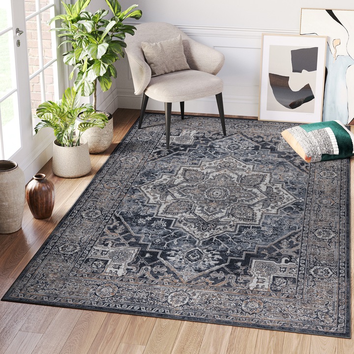 Covor, Tapiso, Ritz Vintage, 160 x 220 cm, Gri/Bleumarin, OEKO-TEX, Inaltime Fir 7 mm, Pentru Living, Dormitor, Rezistent La UV, Rezistent La Pete, Lavabil, Usor de curatat, Rezistent La Intemperii, Impermeabil, Moale La Atingere