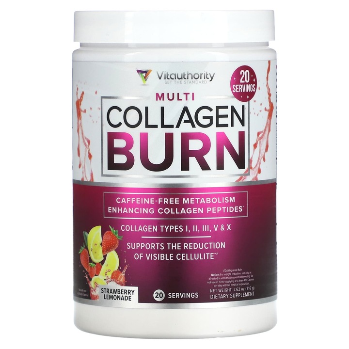 Multi Collagen Burn, Vitauthority, truskawkowa lemoniada, 216 g, fara gluten, fara lactate