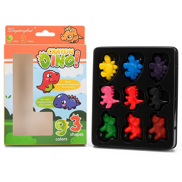 Set 9 creioane cerate in forma de dinozauri, Calitate Premium, Culori Pigmentate, Non-Toxic, Ideale pentru gradinita, scoala sau activitati creative, Multicolor