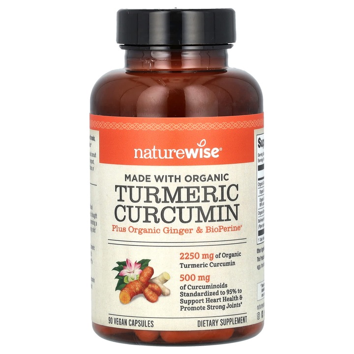 Supliment alimentar, NatureWise, curcumina organica, 90 capsule vegane, cu ghimbir, BioPerine