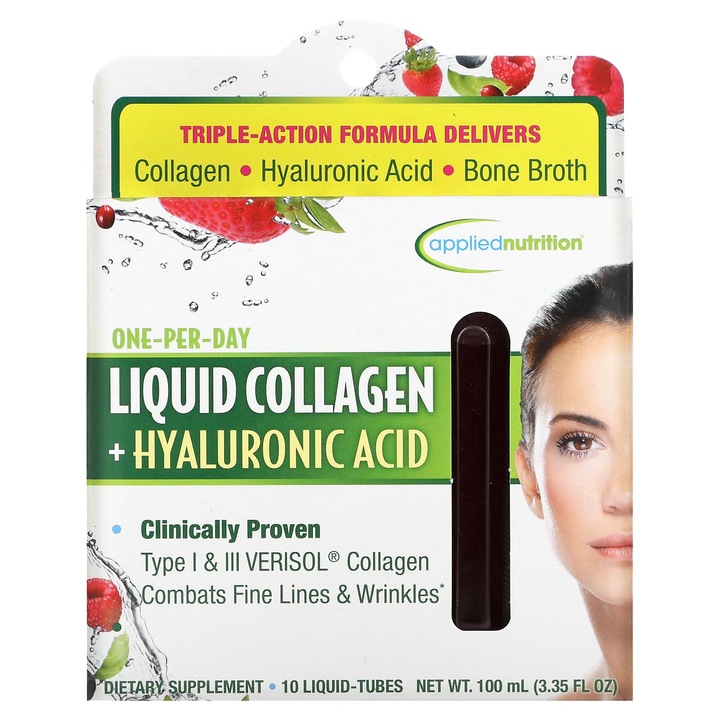 Colagen lichid + acid hialuronic, Applied Nutrition, 10 fiole, 100 ml, tip I si III, fara aroma