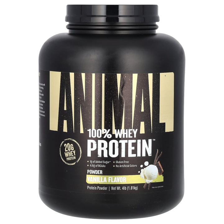 Animal 100% Proteina din zer, vanilie, 1,81 kg, fara gluten, 20 g proteina per portie
