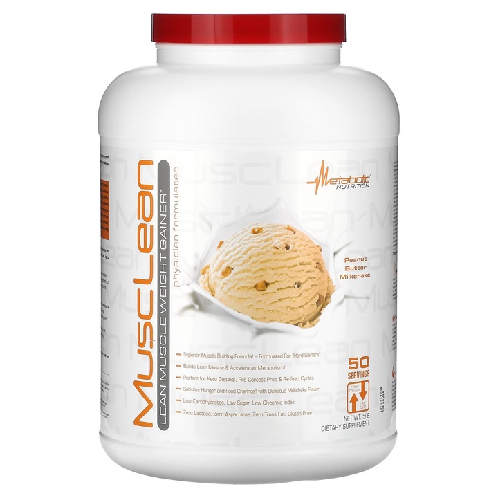MuscLean, gainer pentru masa musculara, aroma de milkshake cu unt de arahide, 5 lb, proteina ridicata, carbohidrati scazuti