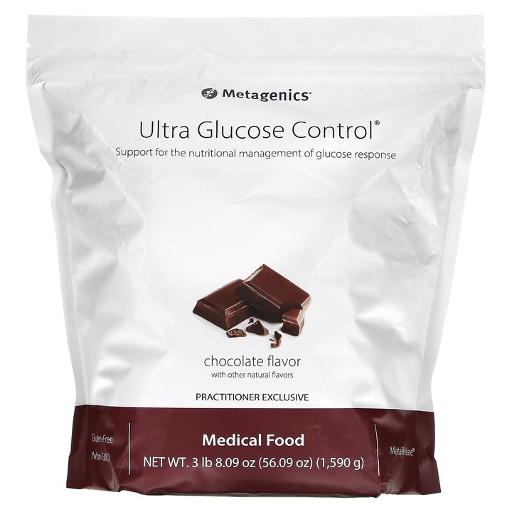 Metagenics, Ultra Glucose Control, aliment medical, ciocolata, 3 lbs (8.09 oz), 15 g proteine, fara gluten