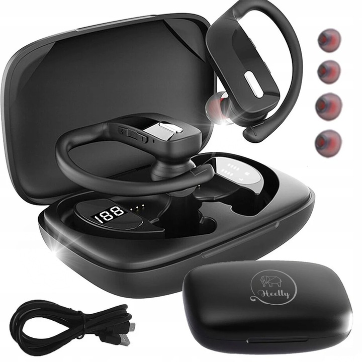 Heelly Active vezeték nélküli fejhallgató, Bluetooth 5.3, mély basszus, vízálló, 600 mAh-s külső akkumulátorral, méretek 8,5 cm