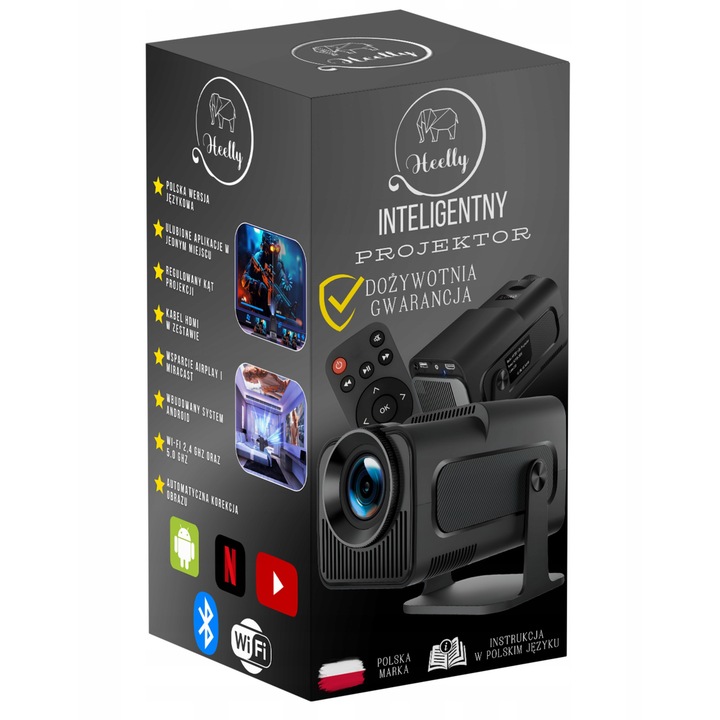 Mini hordozható Android projektor, 1280x720p, WiFi, Bluetooth 5.0, 70-200 hüvelyk, komplett szett HDMI kábellel és elemekkel