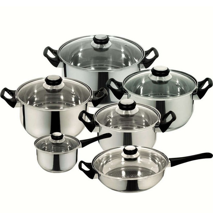 Set 12 piese oale din inox, Retoo, diverse dimensiuni, cu capace din sticla, potrivit pentru toate tipurile de plite, usor de curatat