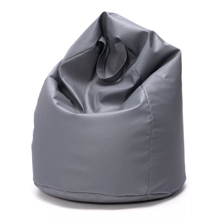 Fotoliu Puf Bean Bag Ecopuf Mini Sako, Modern, Confortabil, Ergonomic, Imitatie Piele, Cusatura Dubla, Sac Interior Separat, Maner Practic, 80x50 cm, Culoare Gri Frasin