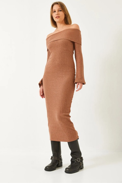 Rochie midi, HiCCUP, fara bretele, texturata, maro, poliester-bumbac