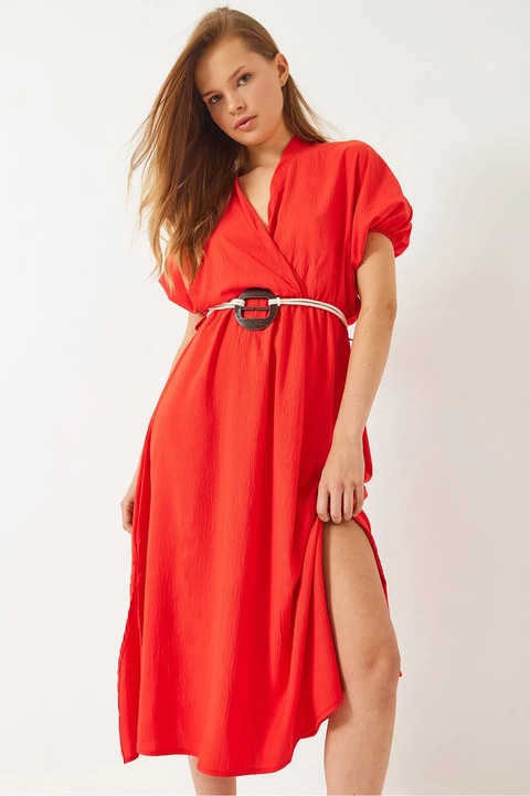 Rochie midi, HiCCUP, decolteu in V, curea, rosu, bumbac/poliester