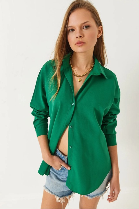 Camasa dama, HiCCUP, cu nasturi, verde, bumbac, poliester
