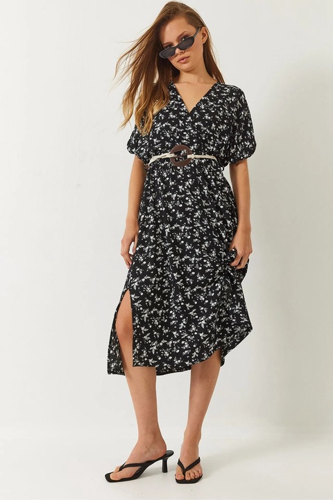 Миди рокля, Bianco Lucci, V-образно деколте, Черен, S