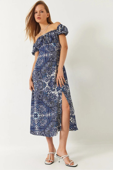 Миди рокля, HiCCUP, без презрамки, модел с възел, син, вискоза