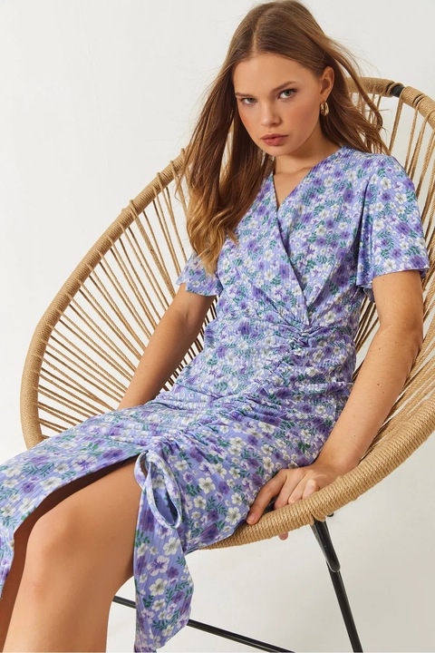 Миди рокля, HiCCUP, флорален принт, V-образно деколте, виолетов, полиестер-еластан, S INTL