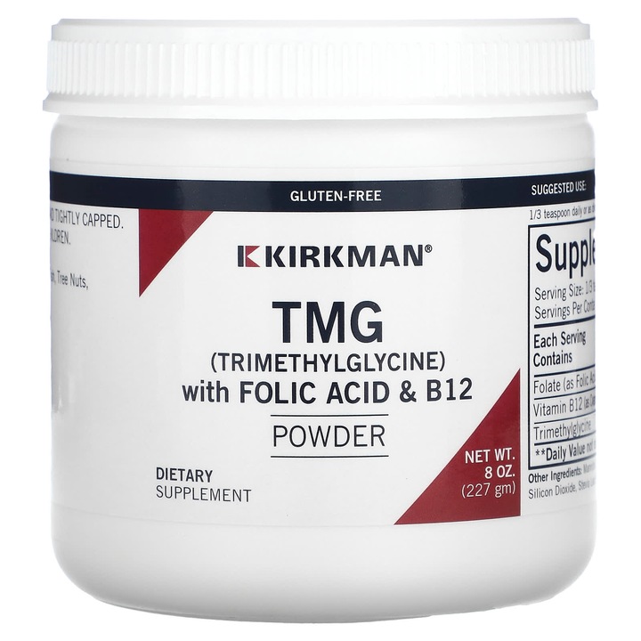 Supliment alimentar Kirkman, TMG cu acid folic si B12, 227 g, fara gluten