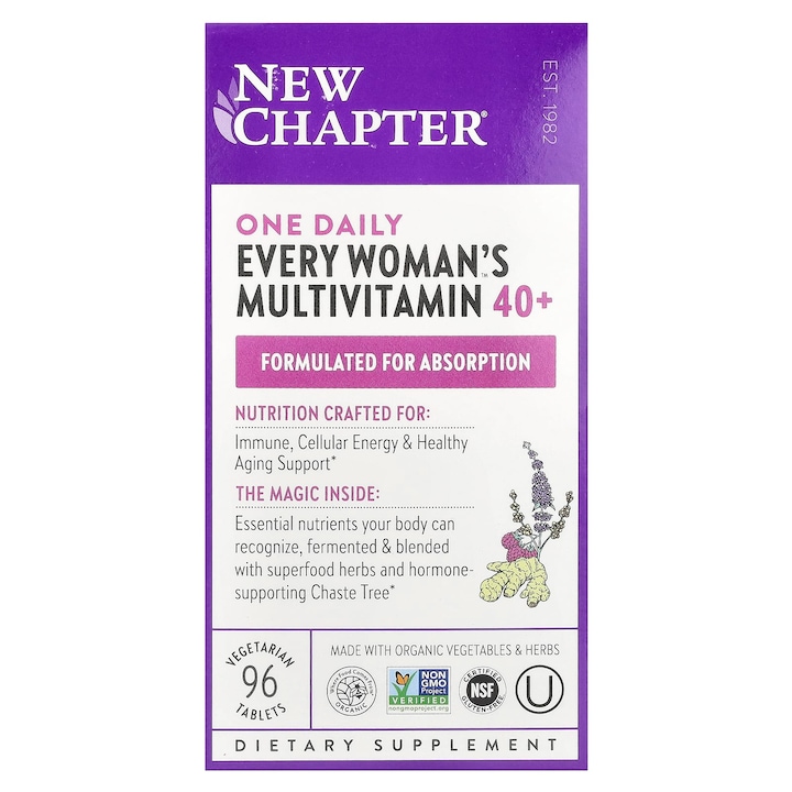 Multi-vitamina pentru femei 40+, New Chapter, 96 tablete vegetale, suport imunitar si energie, fara gluten
