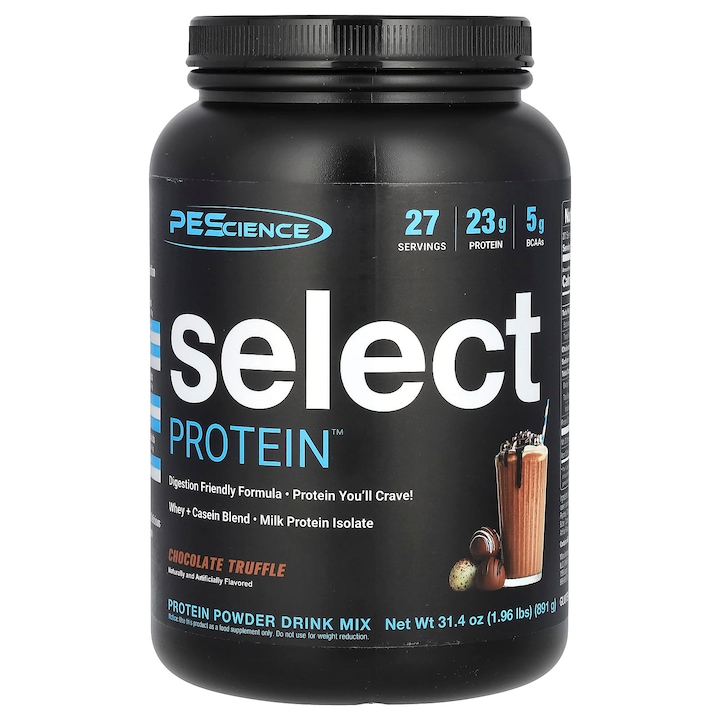 Pudra proteica, PEScience, Select Protein, ciocolata trufe, 891 g, 23 g proteina, 5 g BCAA