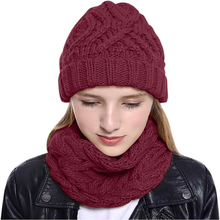 Set caciula si fular tricotat pentru femei, calduros, elastic, rosu