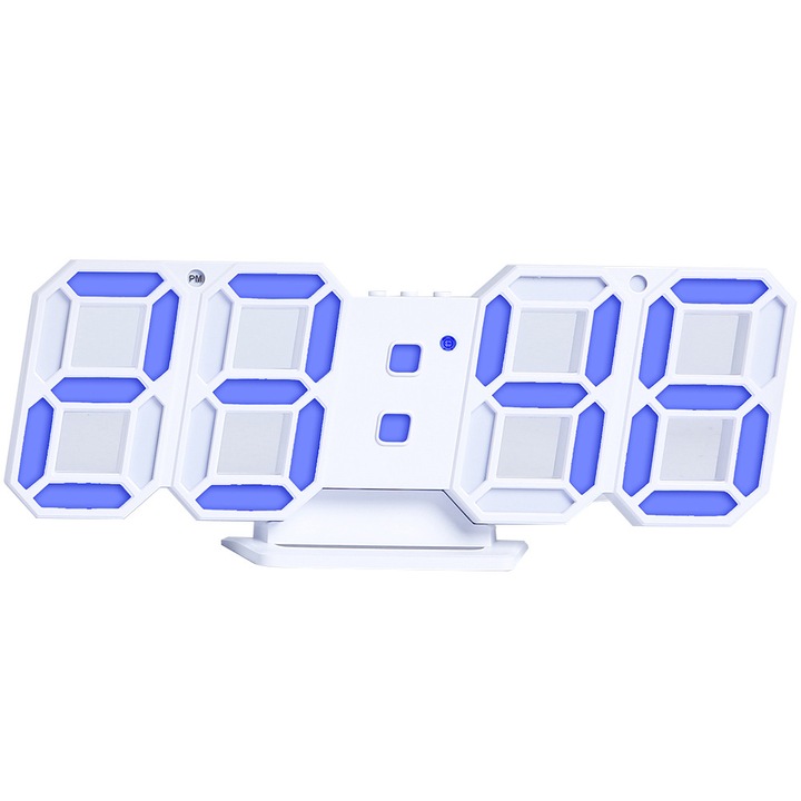 3D LED digitális/elektronikus fali és asztali óra, nagy kijelző 24x9.4 cm, 3 fényerő szint automatikus beállítással, ébresztő szundi funkcióval, dátum és hőmérséklet kijelzés, Fehér/Kék, 1 db