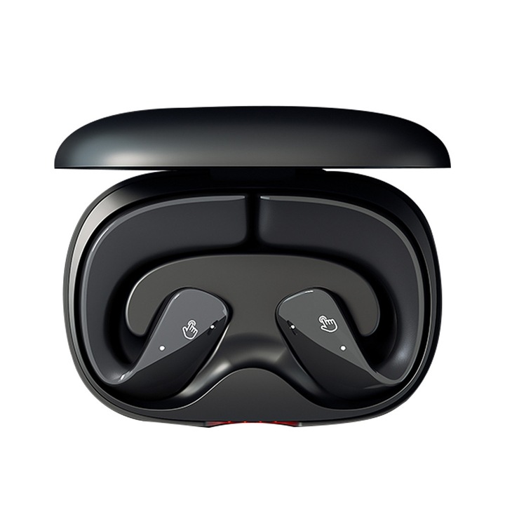 Casti wireless sport, design deschis, microfon, rezistente la apa, negru