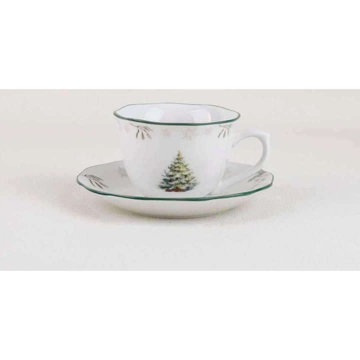 Cana cu farfurioara SANTA LILA, 220ml, porcelan New Bone China, motiv sarbatoresc, set