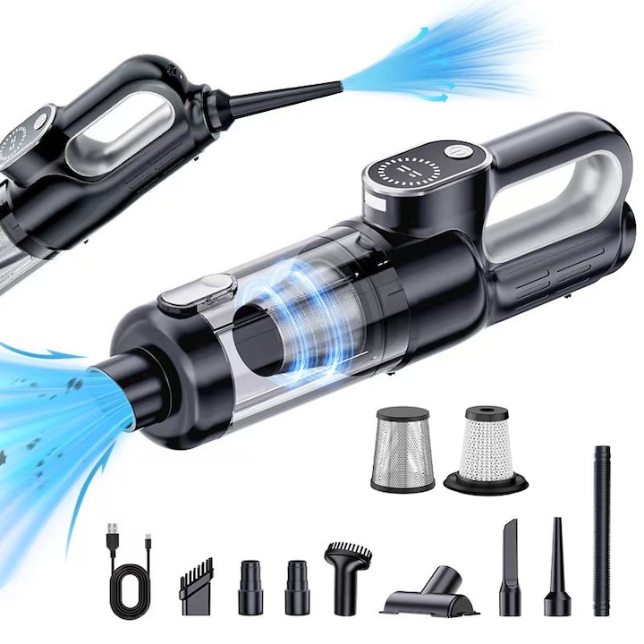 Прахосмукачка ZYNORO, 2 в 1 Изсмукване, Издухване, Запечатване, Преносима, Безжична, Безчетков/Меден мотор, 12000Pa, 100 W, Контрол на 2 скорости, LED, многофункционален накрайник, За автомобил, Дом, Офис, Домашни любимци, Silver Black