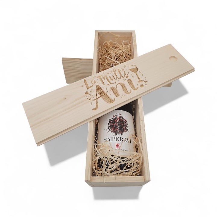 Cutie de Lemn Cadou Vin Rosu Gitana Saperavi 0.75L, Capac Cutie Personalizat